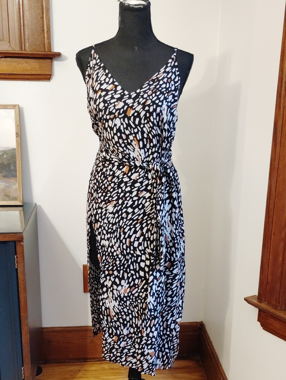 SHEIN Black Printed Midi Slip Dress with White & Beige Spots